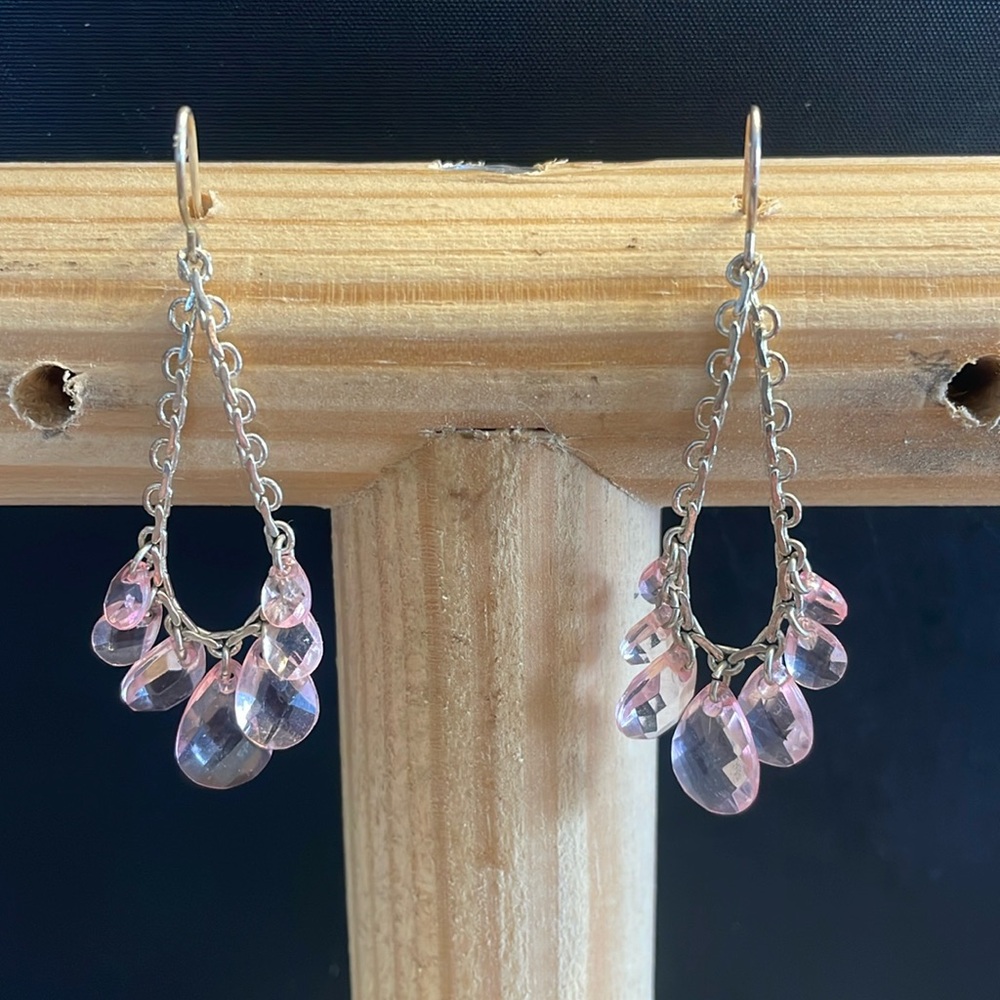 Pink Filament Hoop Pierced Earrings, 2” Silver Tone, 1980's-2000's